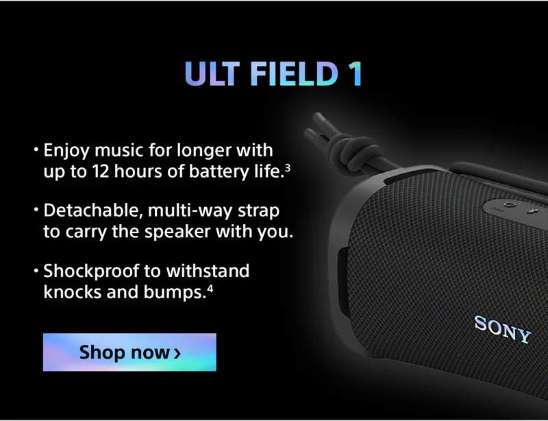 ULT Field 1 | Enjoy music for longer with up to 12 hours of battery life.³ | Detachable, multi-way strap to carry the speaker with you. | Shockproof to withstand knocks and bumps.⁴