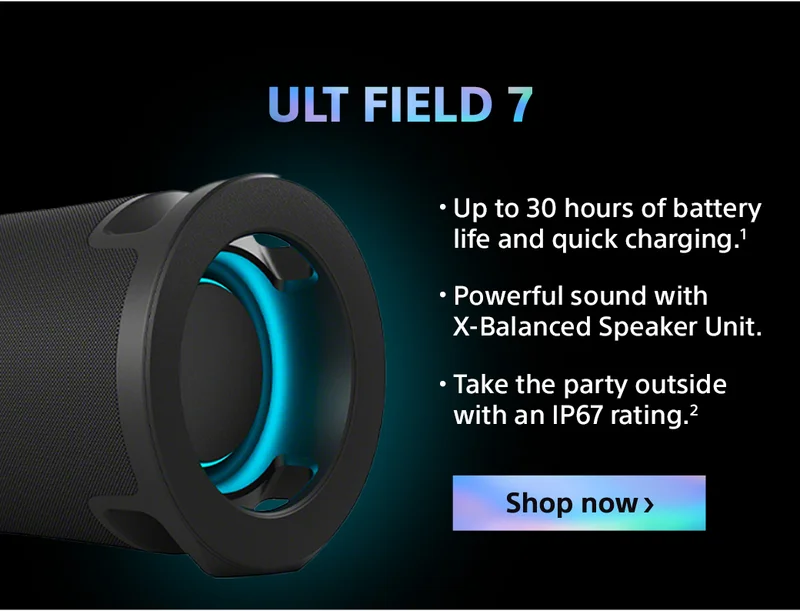 ULT Field 7 | Up to 30 hours of battery life and quick charging.¹ | Powerful sound with X-Balanced Speaker Unit. | Take the party outside with an IP67 rating.²