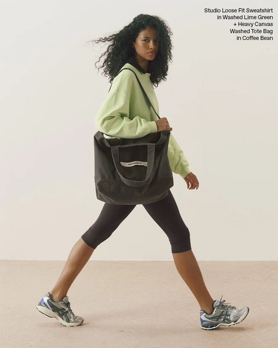 Studio Loose Fit Sweatshirt in Washed Lime Green + Heavy Canvas Washed Tote Bag in Coffee Bean