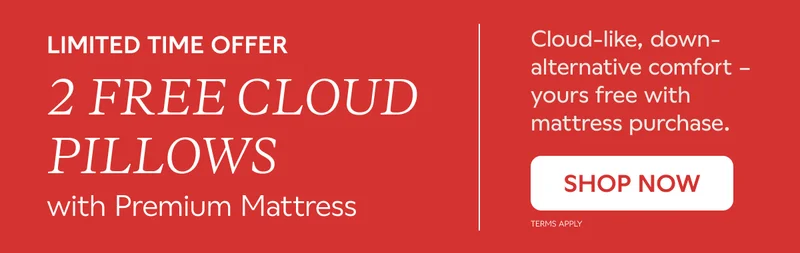 LIMITED TIME OFFER. 2 FREE CLOUD PILLOWS WITH PREMIUM MATTRESS. Cloud-like, down-alternative comfort - yours free with mattress purchase. SHOP NOW