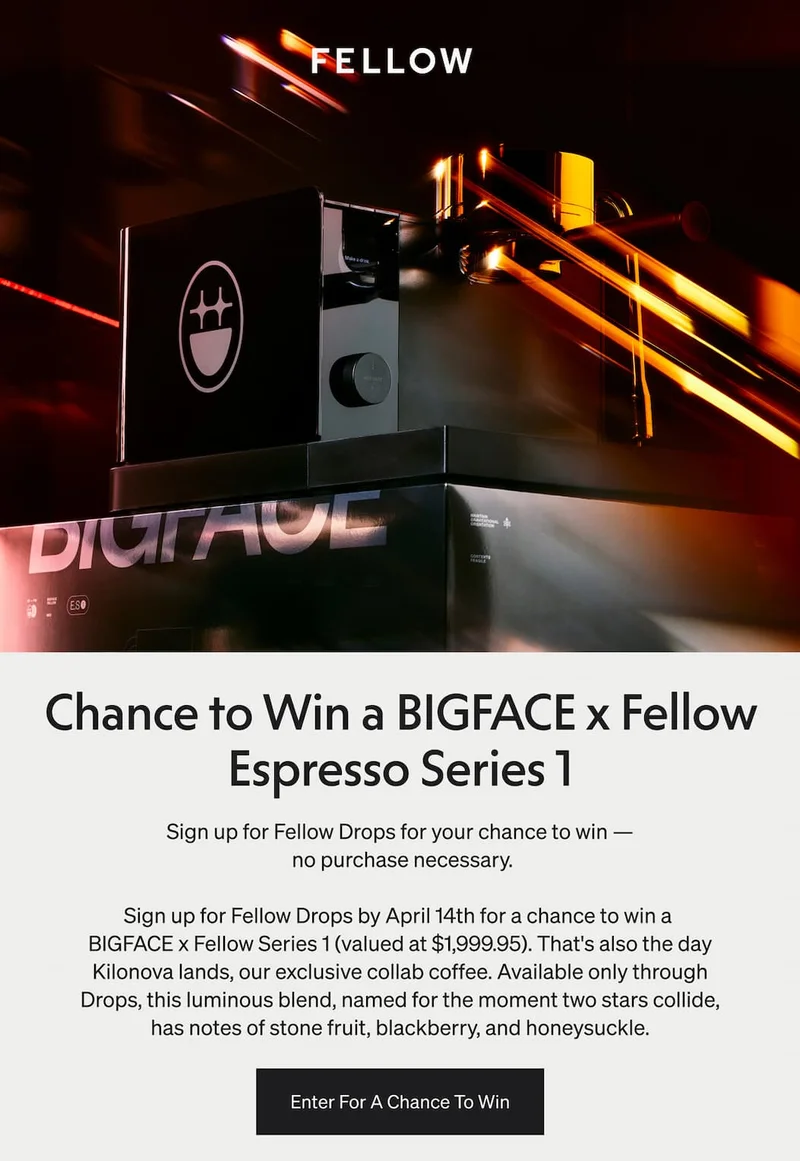 Enter for a chance to win a BIGFACE x Fellow Series 1 Espresso Machine