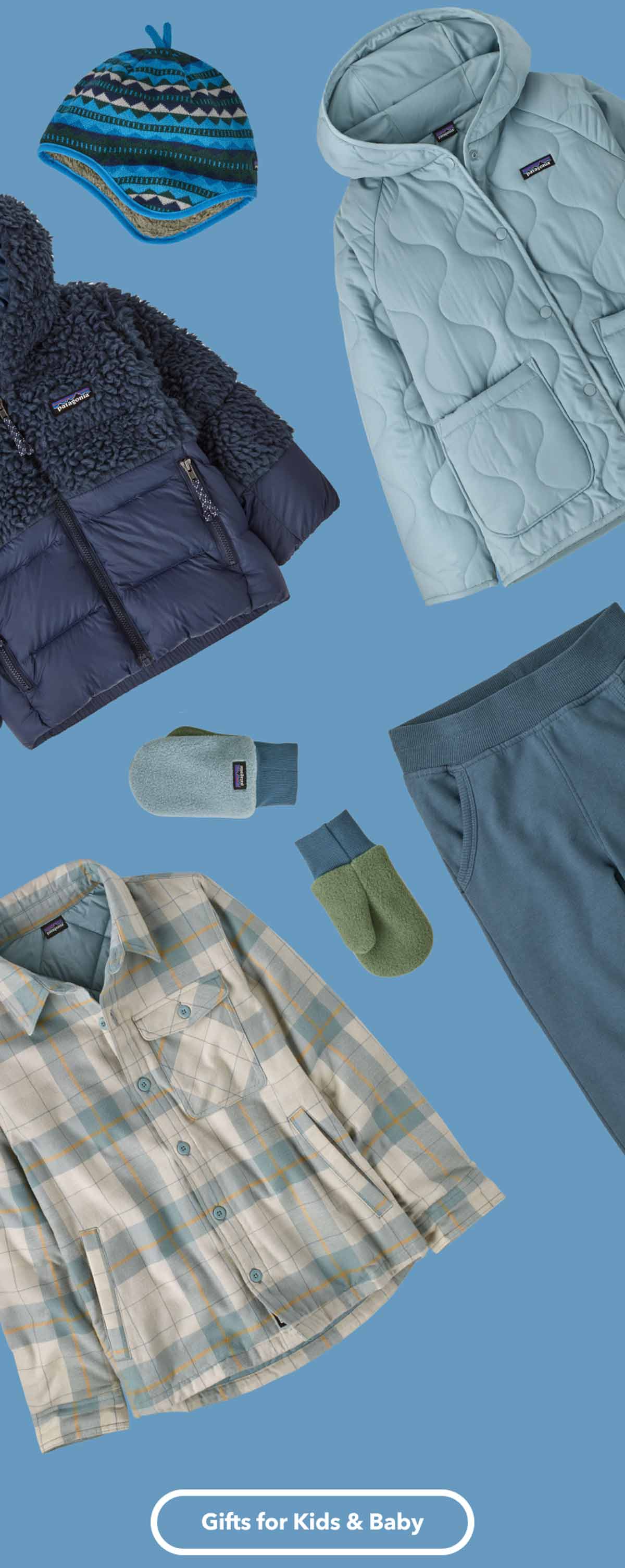 An assortment of kids gifts including beanies, jackets, fleece and gloves.