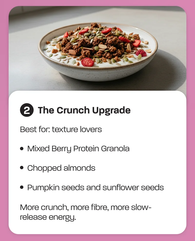 Best for: texture lovers  - Mixed Berry Protein Granola - Chopped almonds - Pumpkin seeds and sunflower seeds  More crunch, more fibre, more slow-release energy.