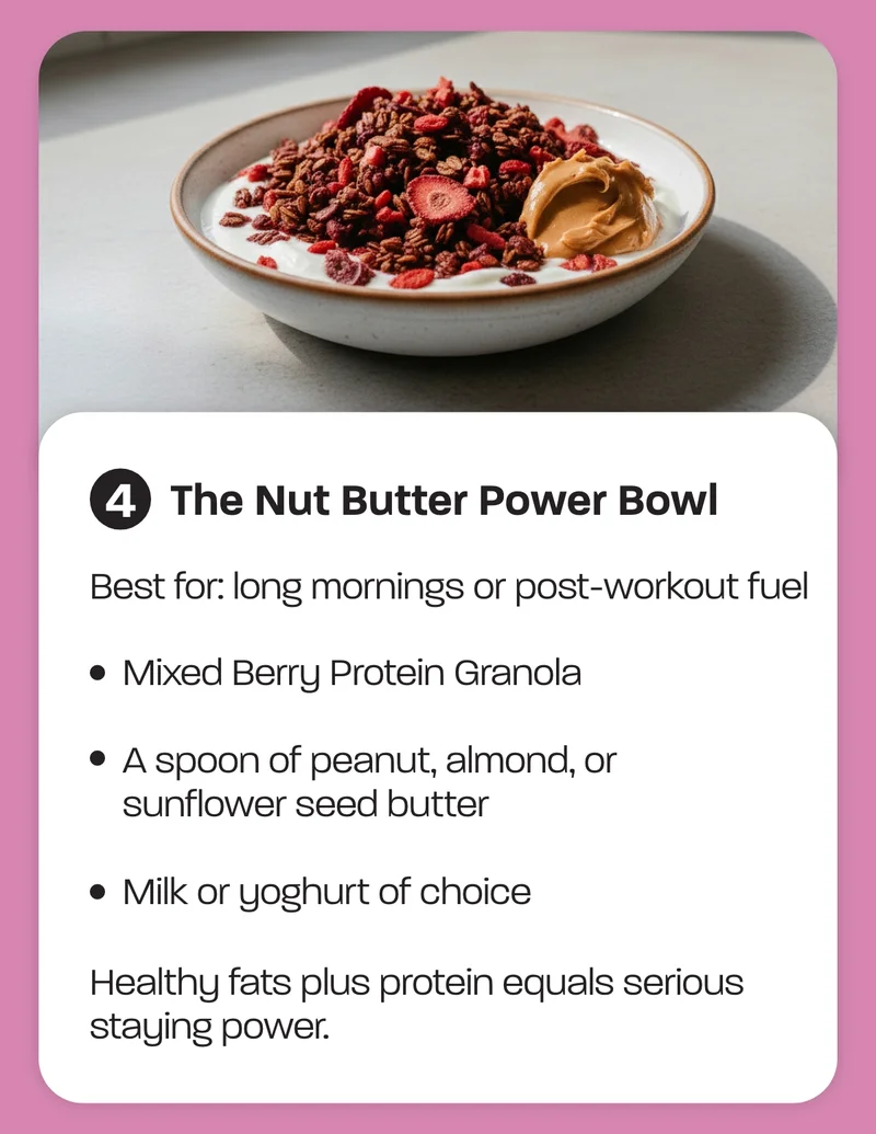 Best for: long mornings or post-workout fuel  - Mixed Berry Protein Granola - A spoon of peanut, almond, or sunflower seed butter - Milk or yoghurt of choice  Healthy fats plus protein equals serious staying power.