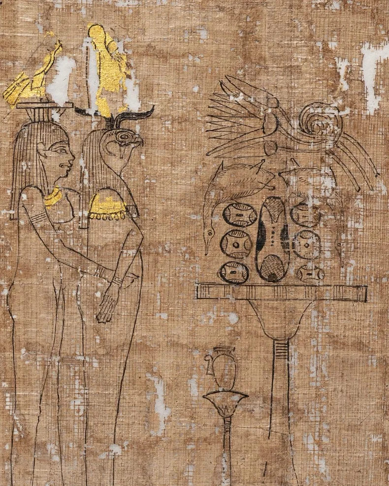 A gilded illustration on papyrus depicting two figures standing before a table of objects
