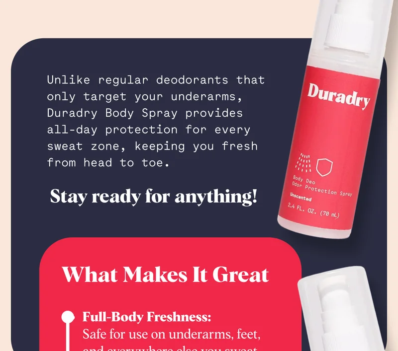 Unlike regular deodorants that only target your underarms, Duradry Body Spray provides all-day protection for every sweat zone, keeping you fresh from head to toe.&nbsp; Stay ready for anything!