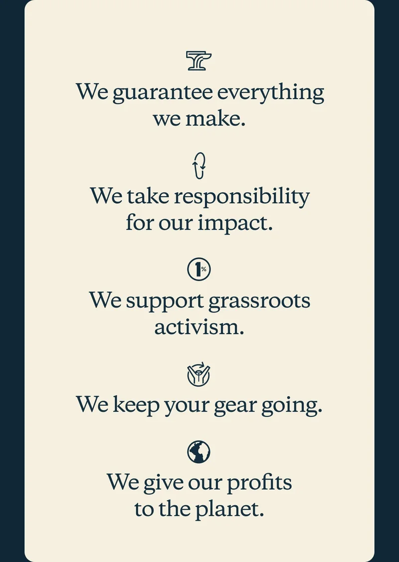 We guarantee everything we make. We take responsibility for our impact. We support grassroots activism. We keep your gear going. We give our profits to the planet.