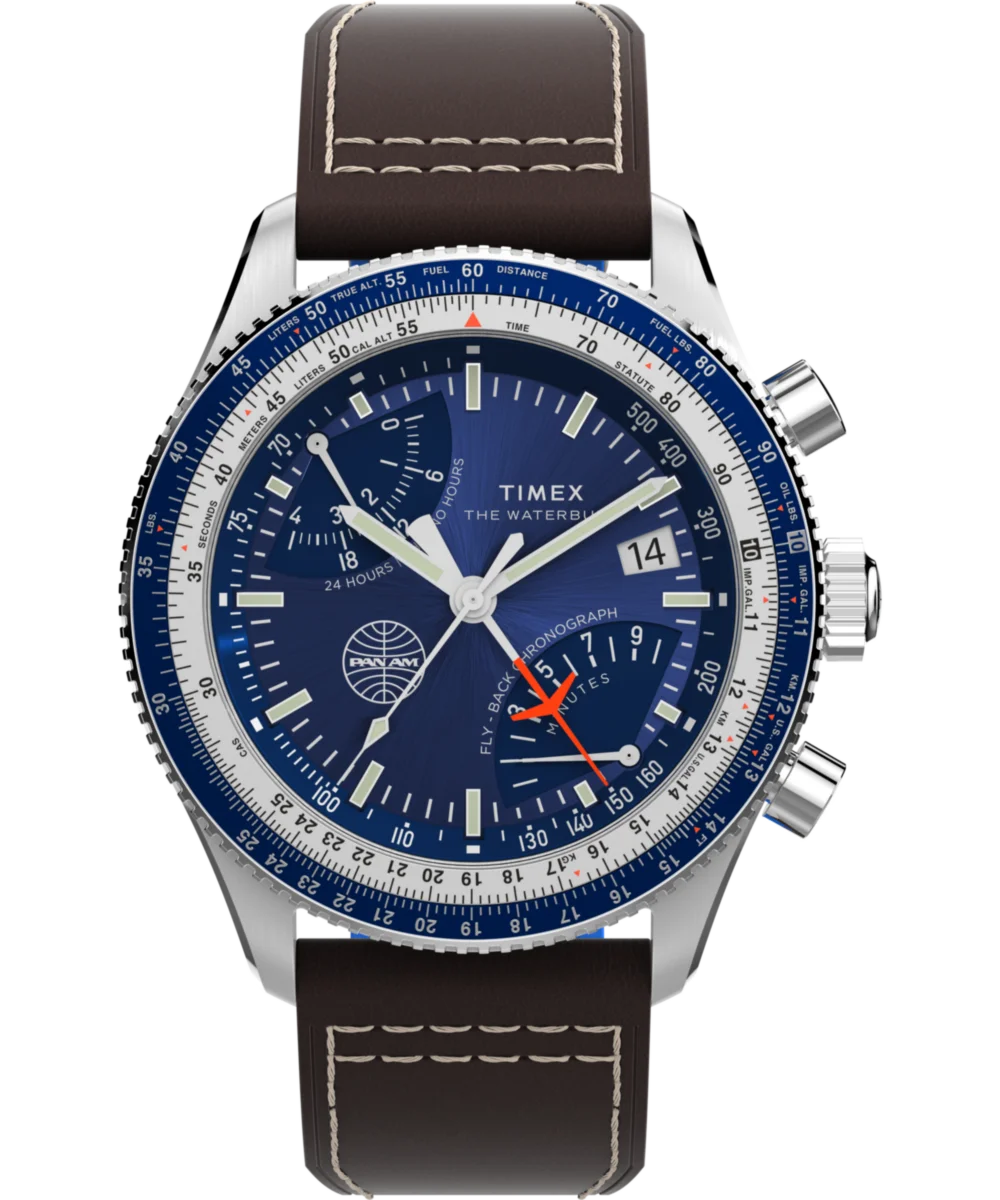 Image of Timex Fly Back Chronograph x Pan Am® 43mm Leather Strap Watch