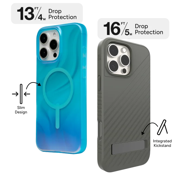 Milan Snap with 13 feet drop protection. Denali case with 16 feet of drop protection.
