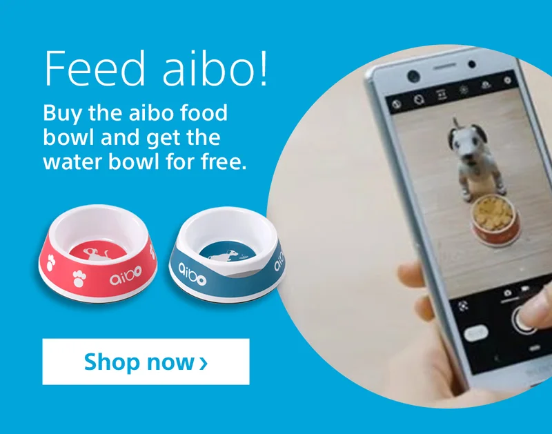 Feed aibo! Buy the aibo food bowl and get the water bowl for free. Shop now