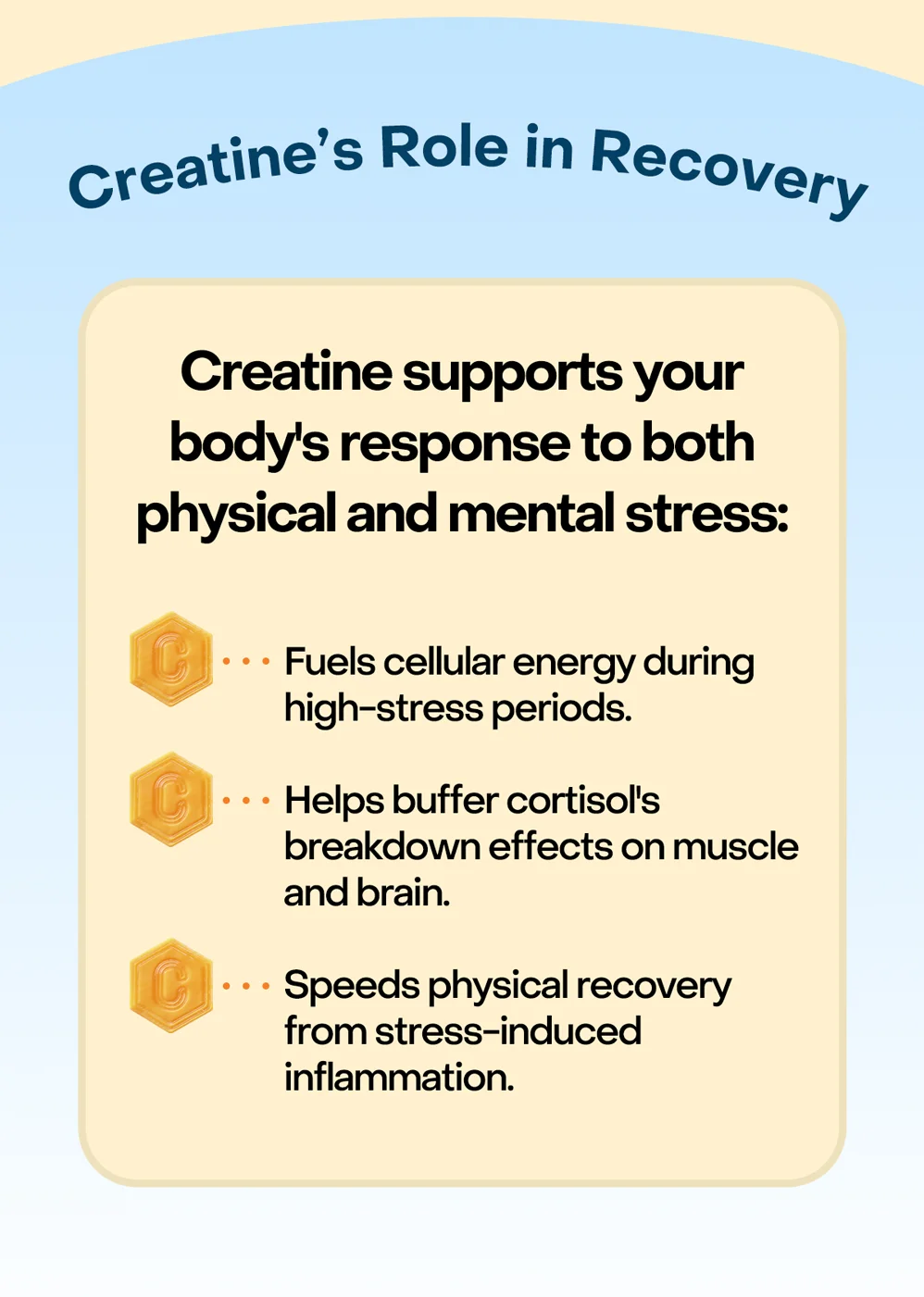 Creatine's role in recovery: Creatine supports your body's response to both physical and mental stress: - Fuels cellular energy during high-stress periods  - Helps buffer cortisol’s breakdown effects on muscle and brain - Speeds physical recovery from stress-induced inflammation