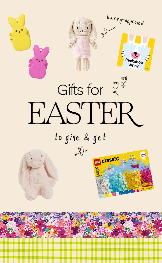 Easter gifts to give & get: a collage of kids' toys, including stuffed animals, board books and LEGO sets.