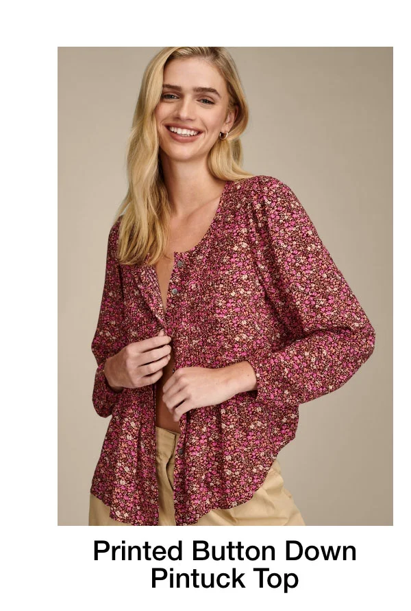 Printed Button Down Pintuck Top