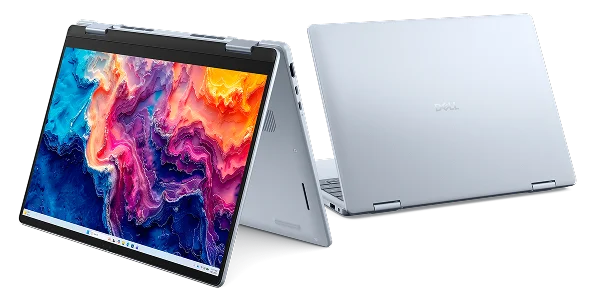 An easel view and rear view of a Dell 14 Plus 2-in-1 touch laptop computer.