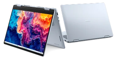 An easel view and rear view of a Dell 14 Plus 2-in-1 touch laptop computer.