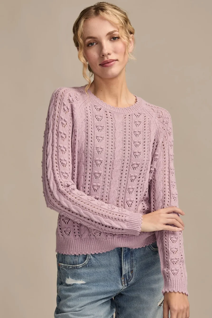 Image of Lucky Brand Pointelle Crew Sweater - Women's Clothing Outerwear Tops Sweatshirts Crewneck Hoodies in Wheat Heather