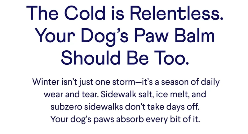 Text: The Cold is Relentless. Your Dog’s Paw Balm Should Be Too. &nbsp;Winter isn’t just one storm—it’s a season of daily wear and tear. Sidewalk salt, ice melt, and subzero sidewalks don’t take days off. Your dog’s paws absorb every bit of it.