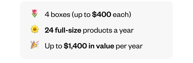 4 boxes (up to $400 each) | 24 full-size products a year| Up to $1,400 in value per year