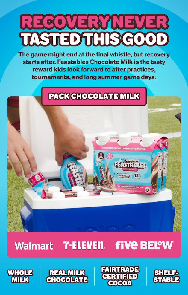 RECOVERY NEVER TASTED THIS GOOD! The game might end at the final whistle, but recovery starts after. Feastables Chocolate Milk is the tasty reward kids look forward to after practices, tournaments, and long summer game days. Feastables Chocolate Milk is made with whole milk, real milk chocolate, Fairtrade certified cocoa and is shelf-stable. Shop online or in-store at Walmart, 7-Eleven and Five Below.