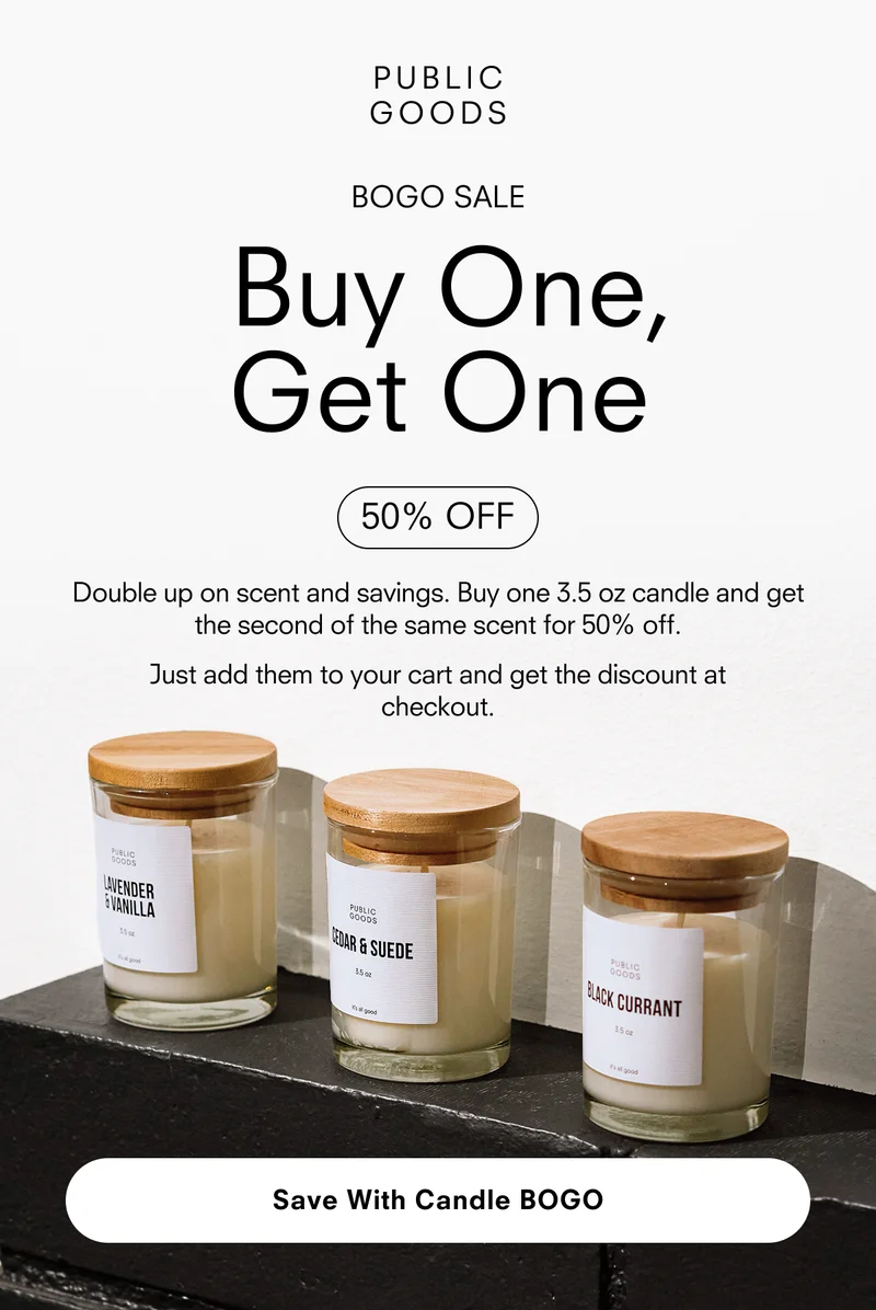 Candle BOGO: Buy one, get one 50% off