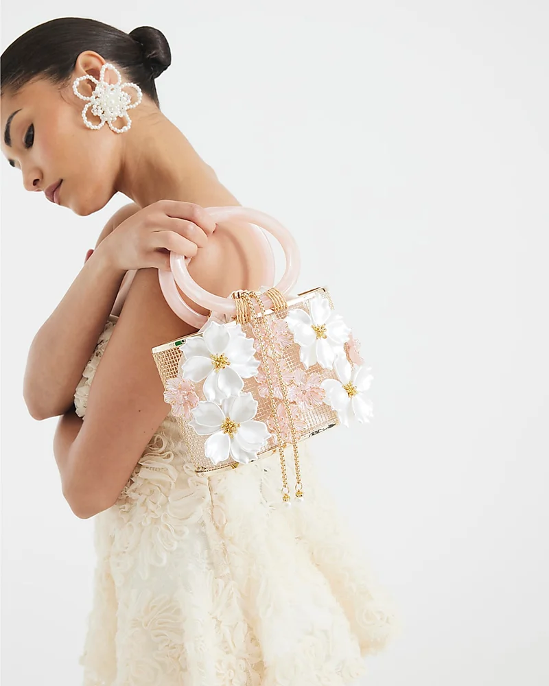 Womens Gold 3D Floral Caged Basket Clutch Bag