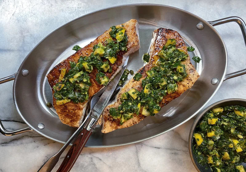 Swordfish with Charred Lemon Salsa Verde