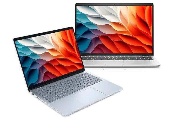 A Dell 14 Plus Laptop next to a Dell Pro 16 Pro Laptop.