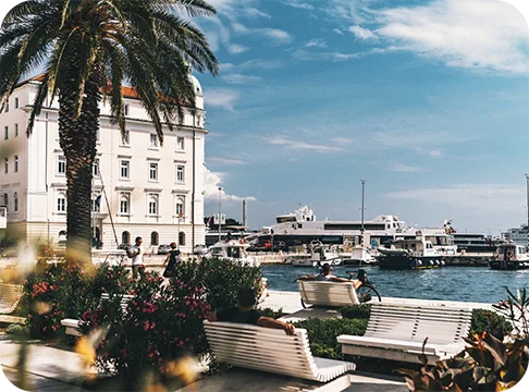 Image Description: White buildings and benches surrounded by palm trees by the water. Boats and groups of people walking are in the background.