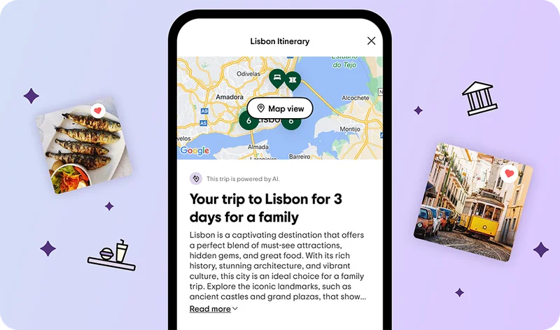 Image Description: A phone screen with a 3-day itinerary for Lisbon and a map with geo pins of hotels and attractions. An image of a tapas dish and a streetcar are floating on the side, along with icons of a hamburger and soft drink and a colosseum.
