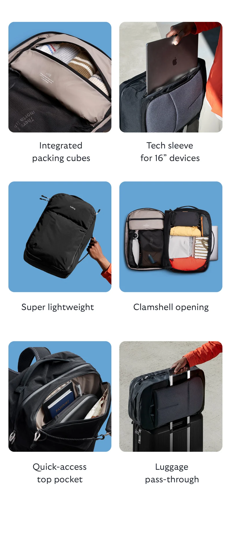 Integrated packing cubes Tech sleeve for 16” devices  Super lightweight Clamshell opening Quick-access top pocket Luggage pass-through Tuck-away shoulder straps