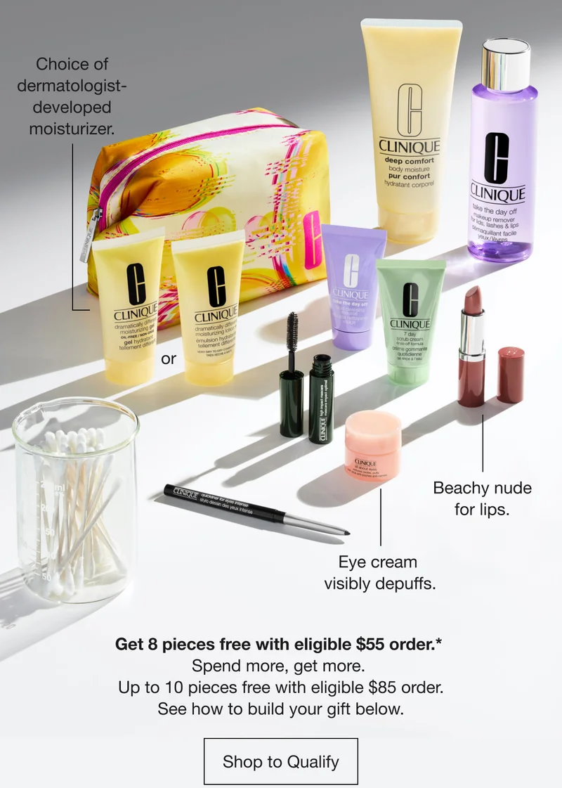 Choice of dermatologist- developed moisturizer. Beachy nude for lips. Eye cream visibly depuffs. Get 8 pieces free with eligible $55 order.* Spend more,get more. Up to 10 pieces free with eligible $85 order. See how to build your gift below. | Shop to Qualify