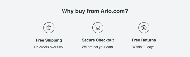 Why buy from Arlo.com? Free shipping on orders over $35. Secure checkout. We protect your data. Free returns within 30 days.