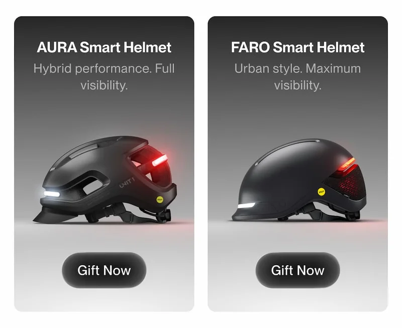 Comparison image showing UNIT 1 AURA and FARO smart bike helmets side by side, highlighting different designs with integrated front and rear lights