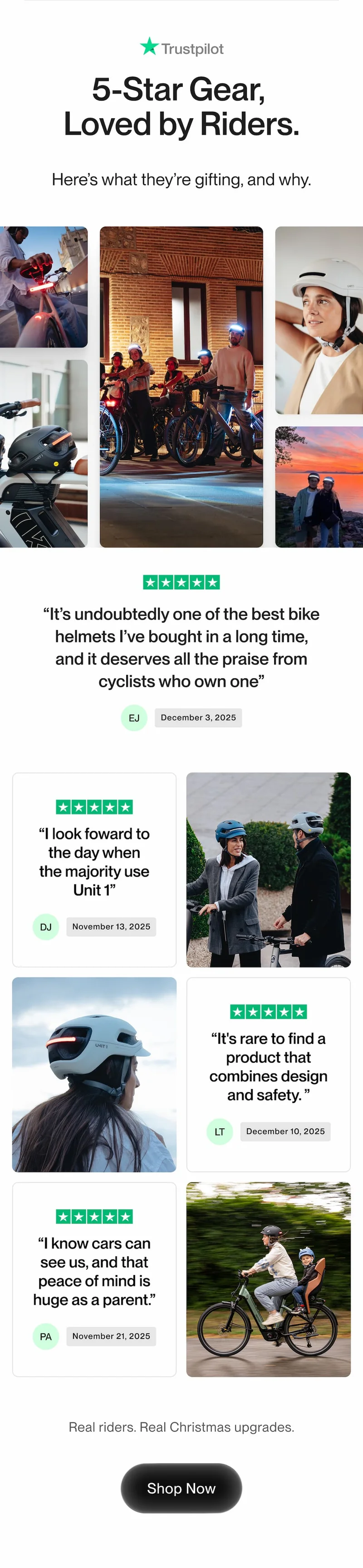 Trustpilot reviews section showing five-star ratings, customer quotes, and photos of riders using UNIT 1 smart helmets in real-world rides