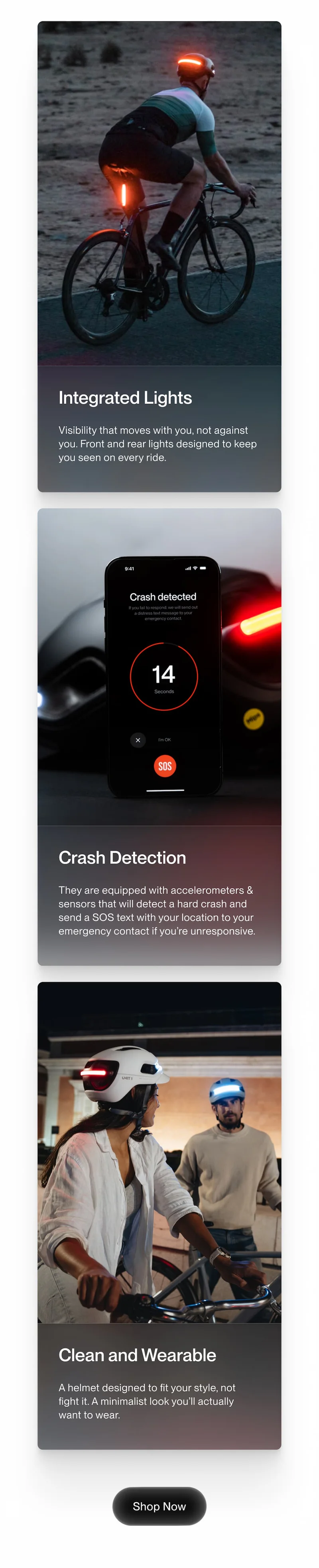 Feature cards showing a cyclist riding with integrated helmet lights, a smartphone screen displaying crash detection, and riders wearing a clean, minimalist smart helmet design