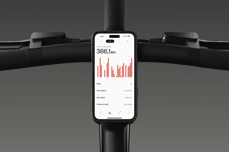 A photographic render of a smart phone displaying the Cowboy app, mounted to the bike Cockpit