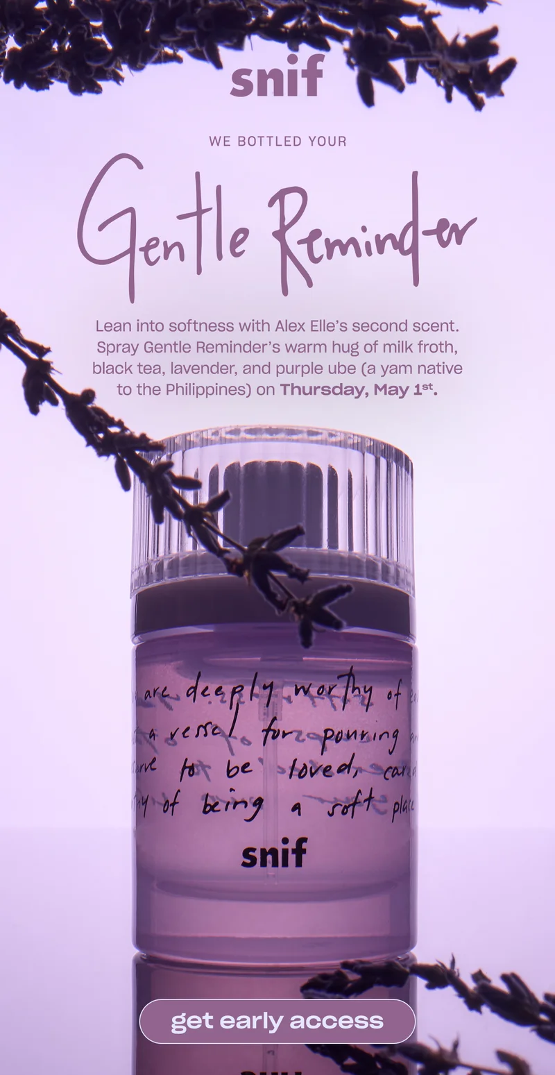 Lean into softness with Alex Elle’s second scent. Spray Gentle Reminder’s warm hug of milk tea, lavender, and purple ube (a yam native to the Philippines) on Thursday, May 1st.