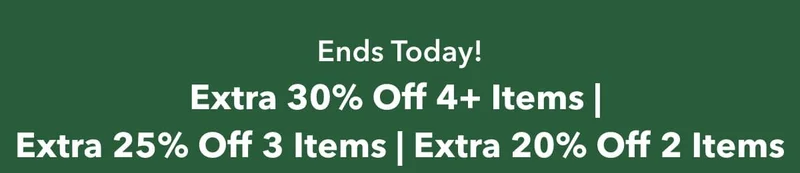 Ends Today! Extra 30% Off 4+ Items | Extra 25% Off 3 Items | Extra 20% Off 2 Items