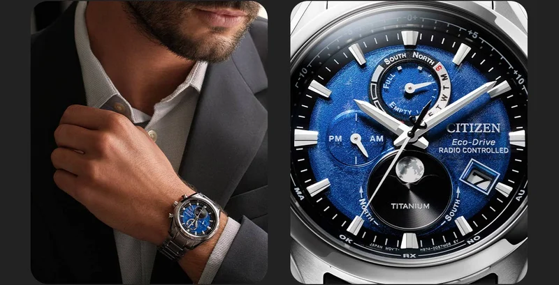 A man wears the Tsuki-yomi A-T timepiece that embodies the moon’s surface and a window at 6 o’clock displays the current moon phase.