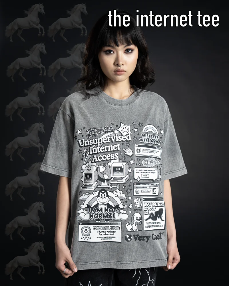 The internet tee (image of young woman with black hair wearing a graphic print tee - The Internet Tee - with horses in the background)