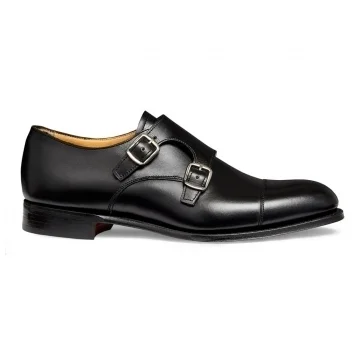 Emily D Double Buckle Monk Shoe in Black Calf Leather