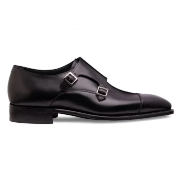 Tudor Double Buckle Monk Shoe in Black Calf Leather