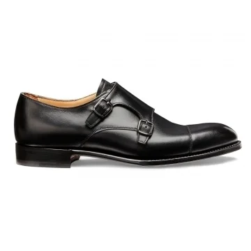 Edmund Double Buckle Monk Shoe in Black Calf Leather