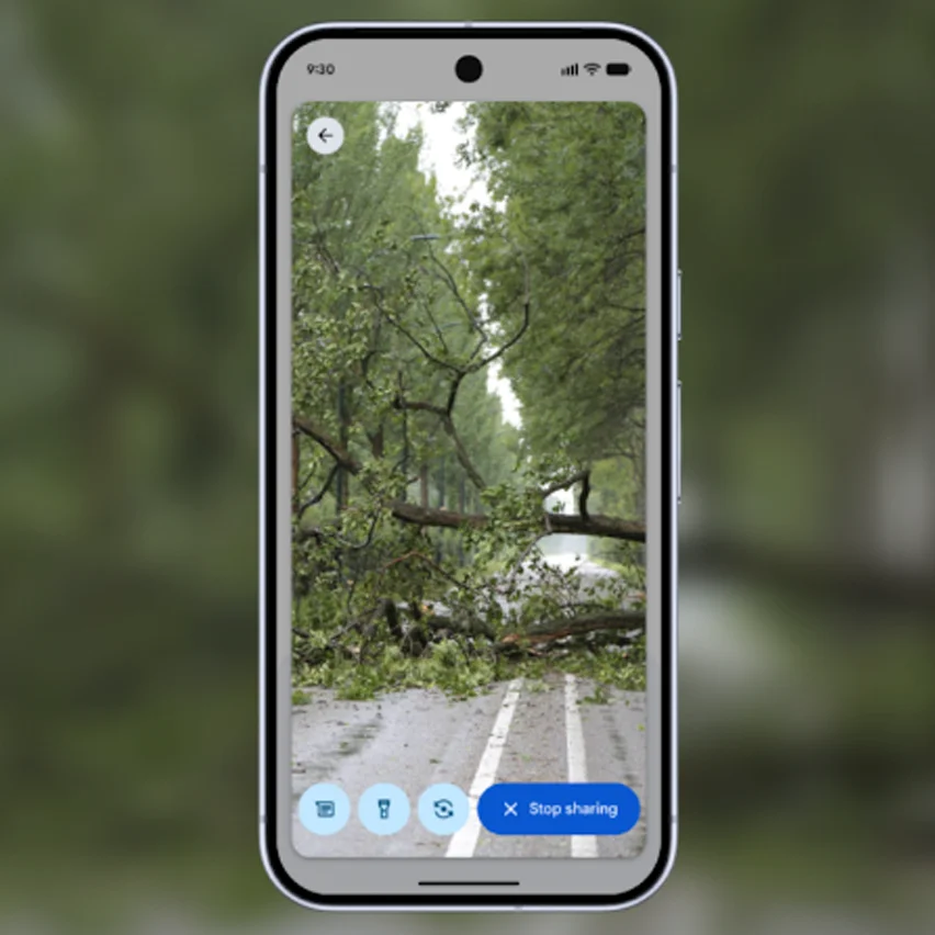 A smartphone displays a photo of a road blocked by fallen trees and branches