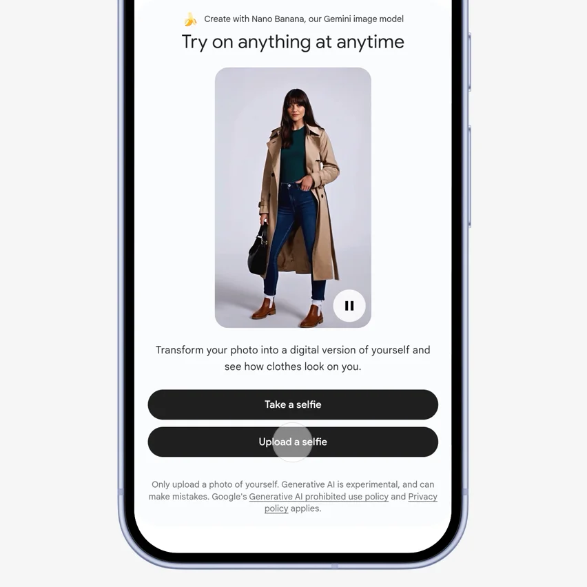 Screenshot of a mobile app screen titled Try on anything at anytime showing a woman in a trench coat and instructions to take or upload a selfie to transform the photo into a digital version of yourself