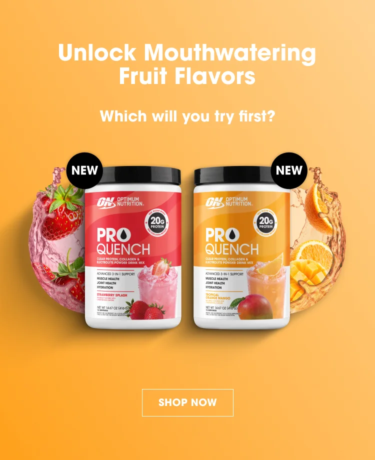 Unlock Mouthwatering Fruit Flavors Which will you try first? Two featured flavors: STRAWBERRY SPLASH (with strawberries and a pink drink) CITRUS ORANGE (with oranges and an apple) Each container includes: 20g of protein per serving "NEW" badge on the lid SHOP NOW