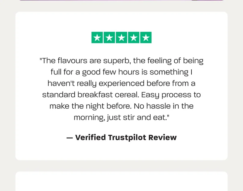 Five-star review praising superb flavors and easy preparation for breakfast cereal.