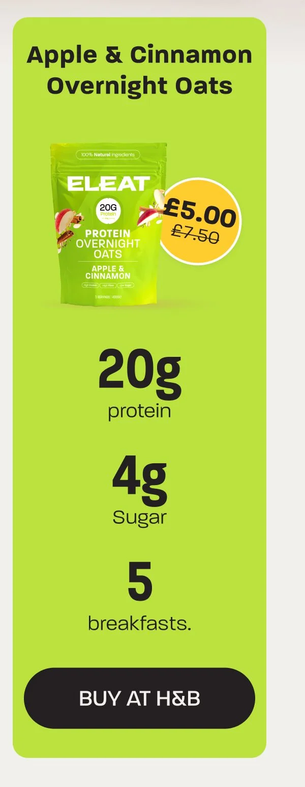 Apple and cinnamon overnight oats package with nutritional information and price.