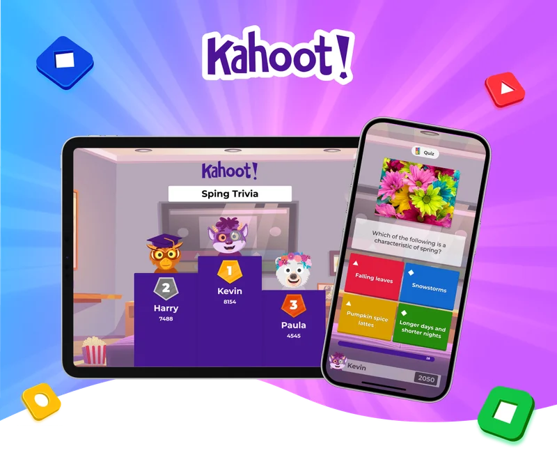 Image of a tablet and smartphone with a Kahoot! podium and Kahoot! quiz
