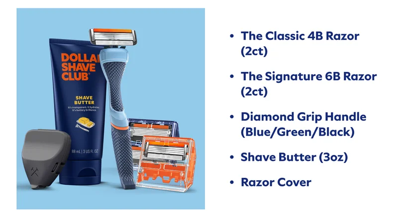 The Classic 4B Razor (2ct) The Signature 6B Razor (2ct) Diamond Grip Handle (Blue/Green/Black) Shave Butter (3oz) Razor Cover